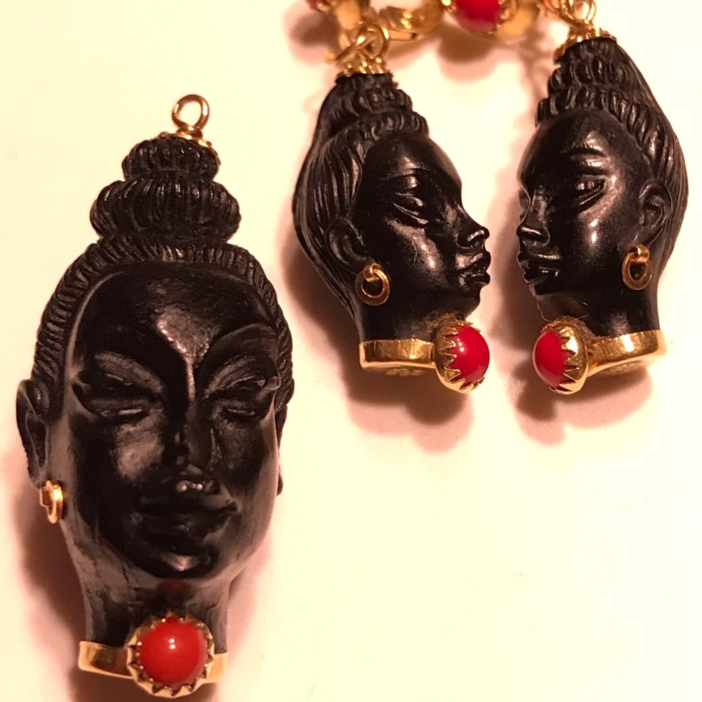 Corletto 1960s 18k/coral/ebony earrings & pendant